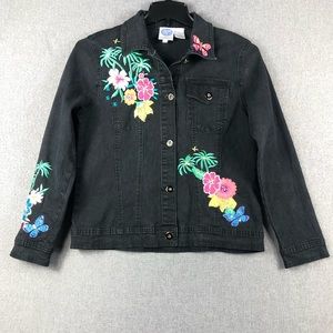 DG by Diane Gilman Floral Embroidered Denim Jacket Size S